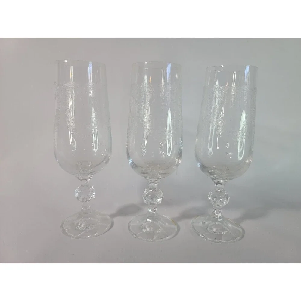 Set of 3 Vintage Etched Water Juice Cocktail Goblets Ball Stem Glasses